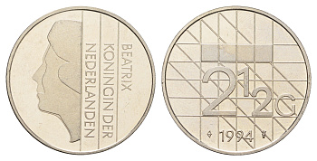 Нидерланды 2 1/2 гульдена 1994 Беатрикс (1980-2013), редкий год KM 206 никель UNC 4367-631