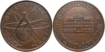 Франция медаль ND НА ПАМЯТЬ О ХИМИЧЕСКОМ ИНСТИТУТЕ ИМЕНИ Фредерика ЖОЛИО-КЮРИ, диаметр 50,5 мм. бронза 01-151-21