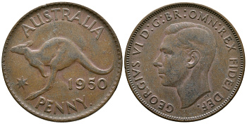 АВСТРАЛИЯ 1 ПЕННИ 1950 p, ГЕОРГ VI (1936-1952), КЕНГУРУ KM 43 бронза 84-1125