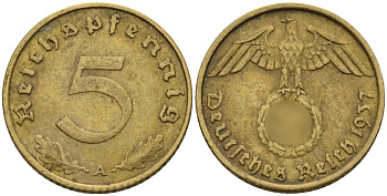 Германия 5 рейхспфеннигов 1937 A KM 91, J. 363 алюминиевая бронза 4151-736