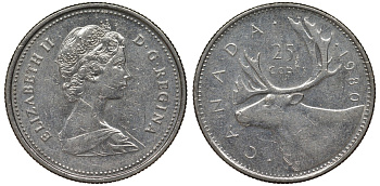 Канада 25 центов 1980 олень карибу, Елизавета II (1952-) KM 74 никель 4128-652