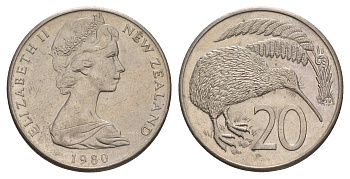 Новая Зеландия 20 центов 1980 Елизавета II (1952-2022), птичка киви KM 36.1 медно-никель 4653-443