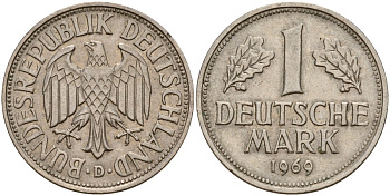 ФРГ 1 марка 1969 D KM 110, J. 385 медно-никель 4159-1112