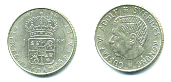 Швеция 1 крона 1964 U, Густав VI Адольф (1950-1973) KM 826 серебро 4381-445
