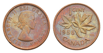 Канада 1 цент 1956 Елизавета II (1952-2022), кленовый лист KM 49 бронза 4639-312