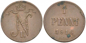 РОССИЯ ДЛЯ ФИНЛЯНДИИ 1 ПЕННИ 1916 НИКОЛАЙ II (1895-1917) KM 13, Биткин 476 медь 211-1017