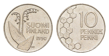 Финляндия 10 пенни 1990 KM 65 медно-никель 4647-351
