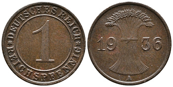 ГЕРМАНИЯ 1 РЕЙХСПФЕННИГ 1936 A KM 37, J. 313 бронза 39-1118