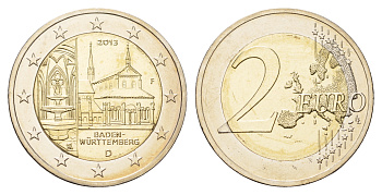 Германия 2 евро 2013 F, Баден-Вюртемберг, монастырь Маульбронн, серия Федеральные земли Германии KM 314 биметалл UNC M85-14