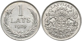 Латвия 1 лат 1924 Первая республика (1918-1939) KM 7 серебро 27-1235