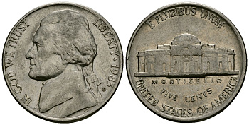 США 5 центов 1983 D, президент Джеферсон KM А192 медно-никель 4135-445