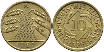 Германия 10 рейхспфеннигов 1929 A KM 40 алюминиевая бронза 4171-345