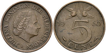 НИДЕРЛАНДЫ 5 ЦЕНТОВ 1960 ЮЛИАНА KM 181 бронза 95-341