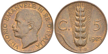 ИТАЛИЯ 5 ЧЕНТЕЗИМО 1923 R, МОНДВОР РИМ, ВИКТОР ЭММАНУИЛ III (1900-1946) KM 59 медь 4525-141