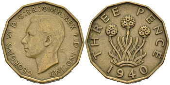 Великобритания 3 пенса 1940 Георг VI (1937-1952) KM 849, Spink 4112 никель латунь 4561-953