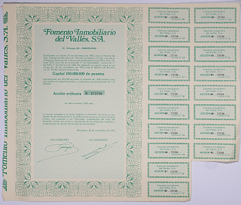 Испания акция на 1000 песет 1973 Fomento Inmobiliario del Valles, S.A., Барселона 1973, с купонами   бумага   5548-11-2-2
