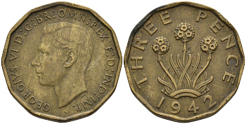 Великобритания 3 пенса 1942 Георг VI (1936-1952) KM 849, Spink 4112 никель латунь 4603-155