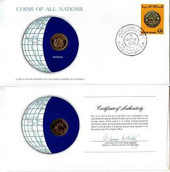 Марокко 10 сантимов 1974 конверт с маркой первого дня гашения, Coins of Nations Y 60 медь алюминий никель UNC 4294-17-1