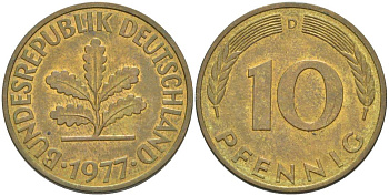 ФРГ 10 ПФЕННИГОВ 1977 D KM 108, J. 383 сталь плакированная латунью 219-514