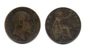 Великобритания 1 пенни 1910 Эдуард VII (1901-1910) KM 794.2, Spink 3990 бронза 47-734