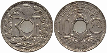 ФРАНЦИЯ 10 САНТИМОВ 1936 ТИП ЛИНДАЙЁ KM 866а, LE FRANC 138.23 медно-никель 108-225
