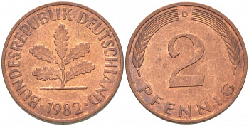 ФРГ 2 ПФЕННИГА 1982 D KM 106a J 381a сталь плакированная бронзой 3996-1122
