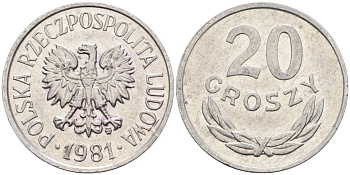 Польша 20 грошей 1981 MW, Народная Республика KM А47, Parchimowicz 208v алюминий aUNC 4580-664