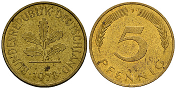 ФРГ 5 пфеннигов 1978 J J.382, KM 107 сталь плакированная латунью    4598-1019