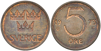 Швеция 5 эре 1973 Густав VI Адольф (1950-1973) KM 845 бронза 4585-317