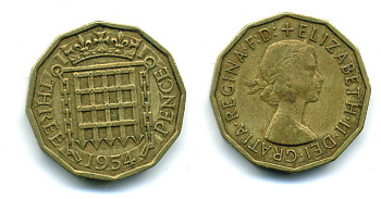 Великобритания 3 пенса 1954 Елизавета II (1952-2022) KM 900, Spink 4153 никель латунь 89-1142