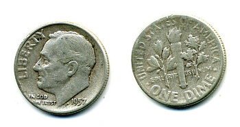 США 10 центов (дайм) 1957 президент Рузвельт KM 195 серебро 76-233