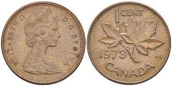 Канада 1 цент 1973 Елизавета II (1952-2022), кленовый лист KM 59.1 бронза 4181-1251