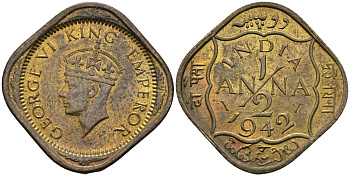 Британская Индия 1/2 анна 1942 Георг VI (1936-1952) KM 534b никель-латунь UNC 94-833