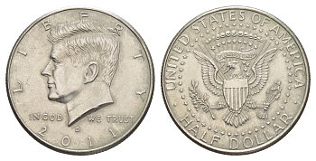 США 1/2 доллара (50 центов) 2011 D, Джон Кеннеди KM A202b медь плакированная медно-никелем 4645-1031