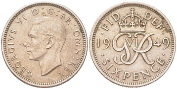 Великобритания 6 пенсов 1949 Георг VI (1936-1952) KM 875, Spink 4110 медно-никель 4614-823
