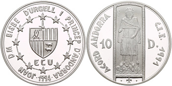 Андорра 10 динеров 1994 таможенный союз ECU, король Арагона и Валенсии, граф Барселоны Педро III KM 99 серебро PROOF 1088-9-21