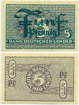 ФРГ 5 ПФЕННИГОВ 1948 BANK DEUTSCHER LANDER Pick 11a, Rosenberg 250b бумага UNC (ПРЕСС) 8613-14-3-2