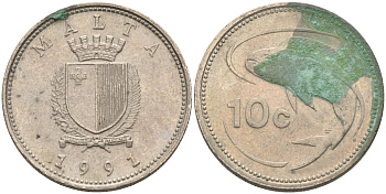 Мальта 10 центов 1991 золотая макрель KM 96 медно-никель 4588-221