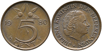 Нидерланды 5 центов 1980 Юлиана (1948-1980) KM 181 бронза 65-1236