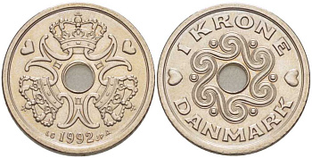 ДАНИЯ 1 КРОНА 1992 LG; JP; A, МАРГРЕТЕ II (1972-) KM 873.1 медно-никель 202-834