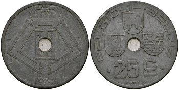 Бельгия 25 сантимов 1943 KM 131 цинк 4165-323