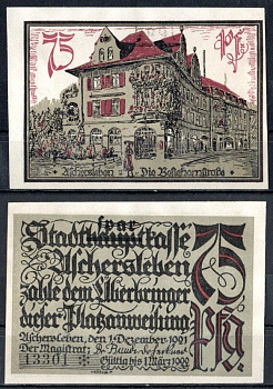 Ашерслебен (Пруссия, Саксония) 75 пфеннигов 1921 Mehl Grabowski 50.3-5/5 бумага UNC (пресс) 7556-46-3-1