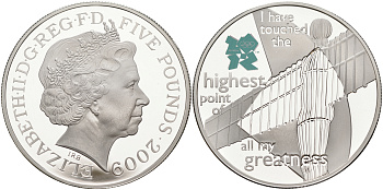 Великобритания 5 фунтов 2009 Елизавета II (1952-2022), XXX летние Олимпийские Игры, Лондон 2012 - Ангел Севера KM 1140, Spink LO39 серебро PROOF 02-108-31