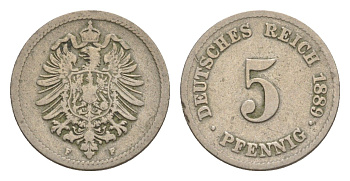 Германия 5 пфеннигов 1889 F, Вильгельм II (1888-1918) KM 3, J. 3, Weege 5 медно-никель 4639-1255