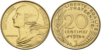 Франция 20 сантимов 1974 тип Марианна KM 930 медь алюминий никель    4153-414