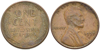 США 1 ЦЕНТ 1957 D, ЛИНКОЛЬН KM А132 медь цинк 218-1036