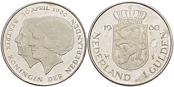 Нидерланды 1 гульден 1980 на коронацию Беатрикс, 30 апреля 1980 KM 200 никель 31-825