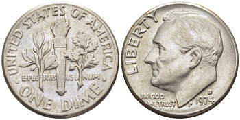 США 10 центов (дайм) 1974 D, Франклин Рузвельт KM 195а медь плакированная медно-никелем 105-1042