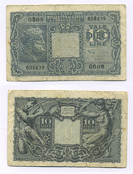 Италия 10 лир 1944 Pick 32b бумага 7146-16-3-2