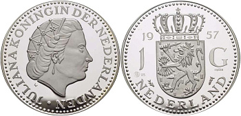 Нидерланды 1 гульден ND медаль 1 гульден 1957, Юлиана (1949-1980), диаметр 45 мм., 31,33 гр. серебро PROOF 11-087-42